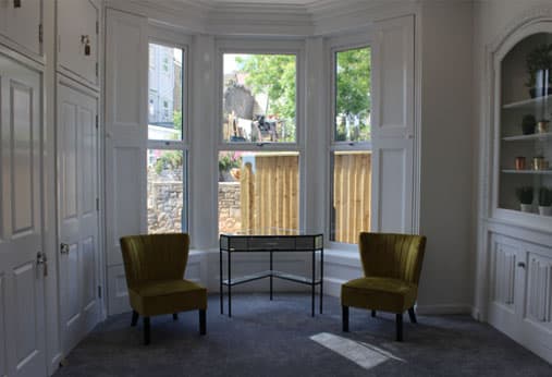 seating area in front of a bay window