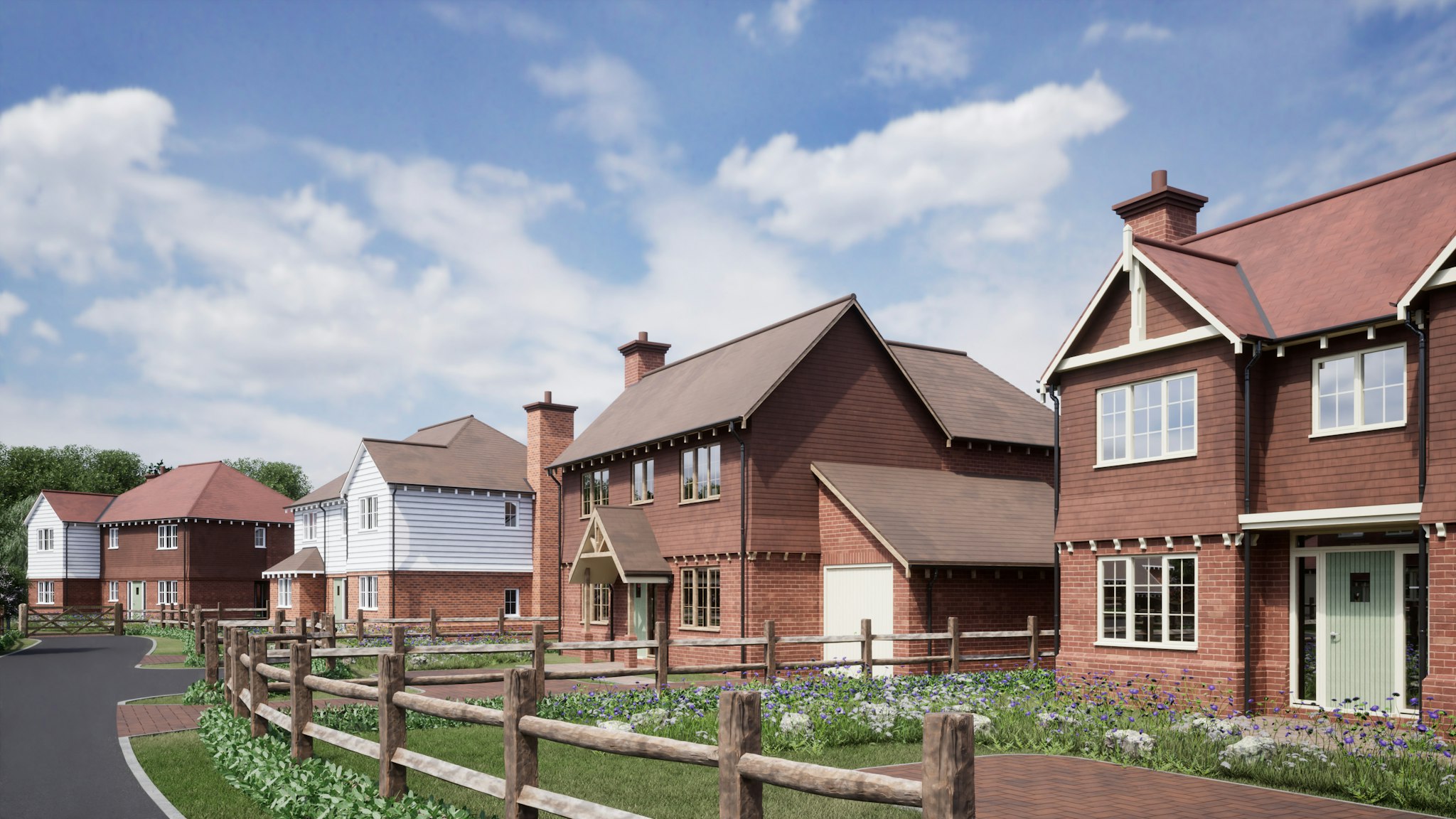 Newly built brick family houses on a residential street